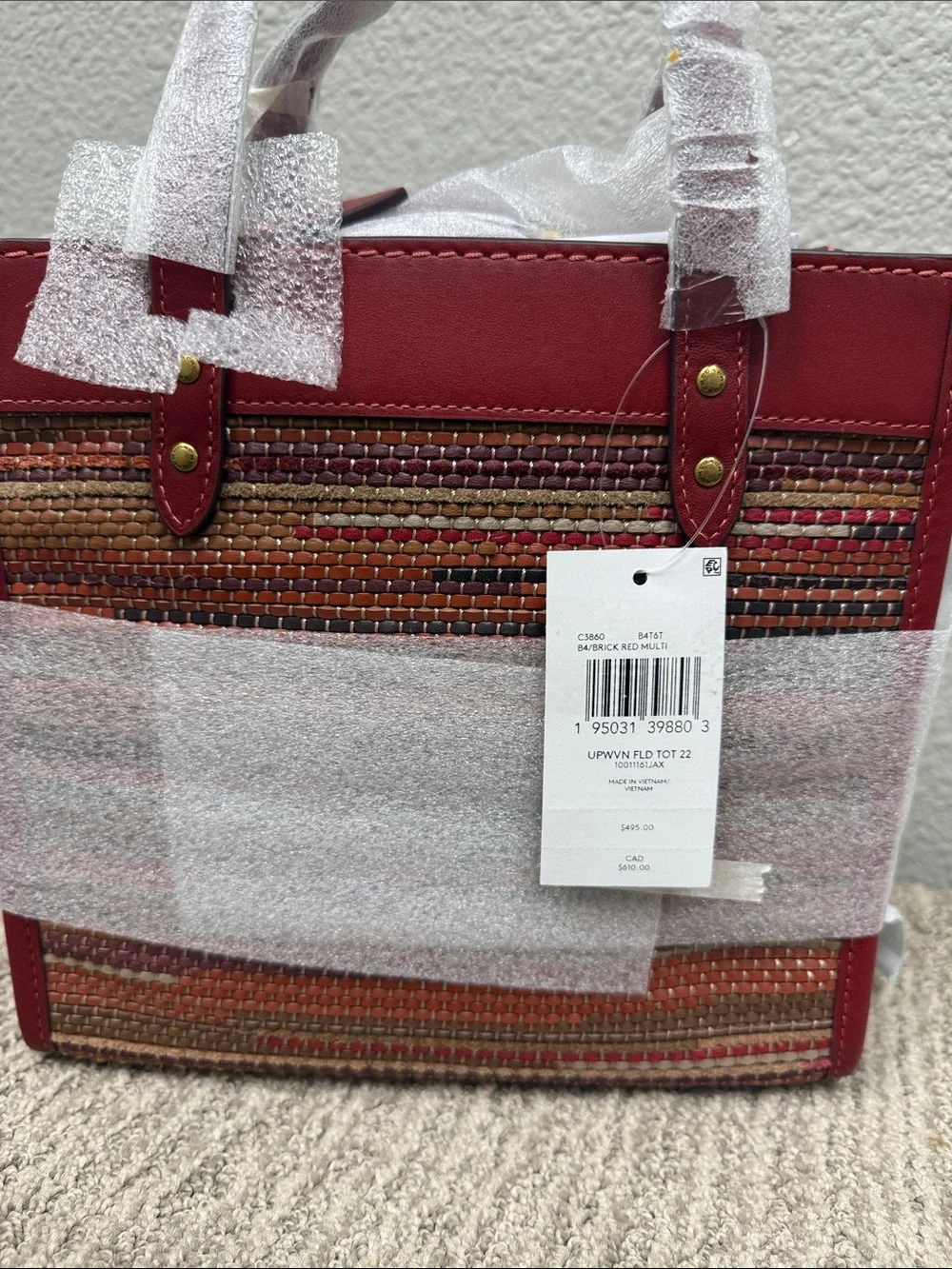 Coach Red Leather-Trim Up-Woven Stripe Tote - Picture 3 of 11